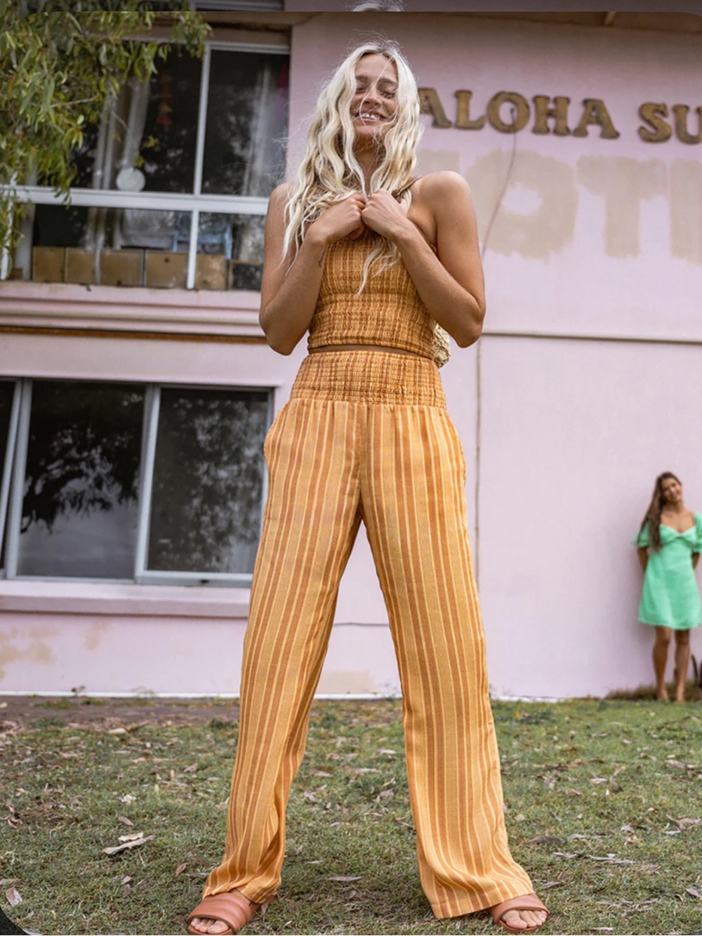 Billabong NEW WAVES Orange Striped High Waist Flare Pants S